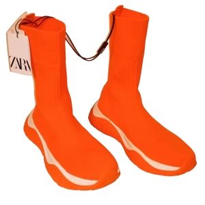 Zara Soft Hi-top Sneaker knit Sock Shoes NWT Orange Womens 8